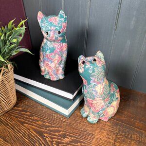 Vintage Decoupage Cat Figurines Pair of Floral Paper Mache Cats Cottagecore